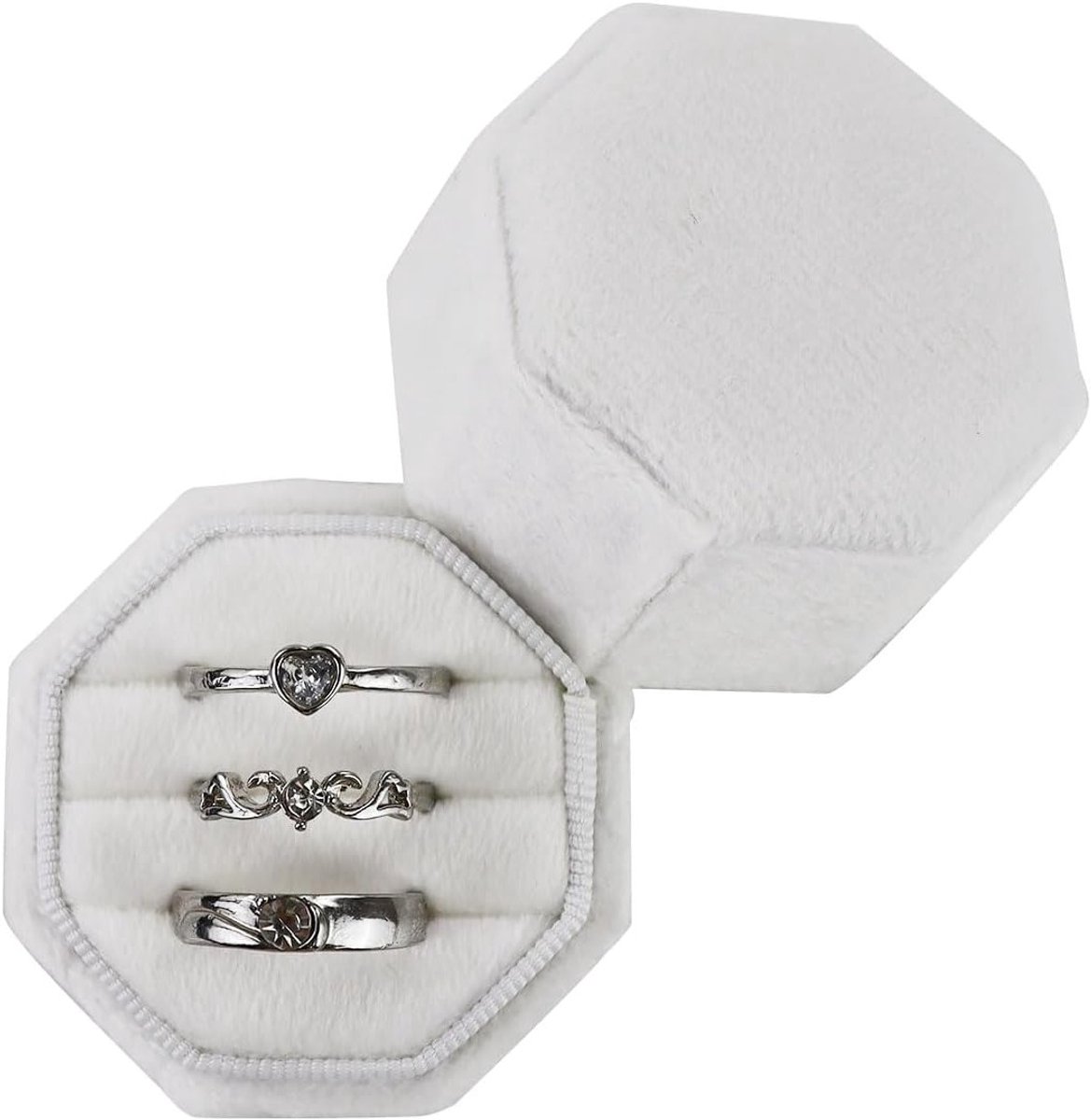 Velours Ringdoos voor Trouwerij, Dubbele Sleuf, Octagonale Vorm, Luxe Sieraad Geschenkdoos met Afneembaar Deksel, Vintage Sieraaddoos voor Huwelijksaanzoek en Verloving