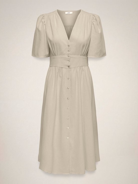 Beige midi-jurk van JDY met V-hals, knoopjes, ceintuur en korte pofmouwtjes.