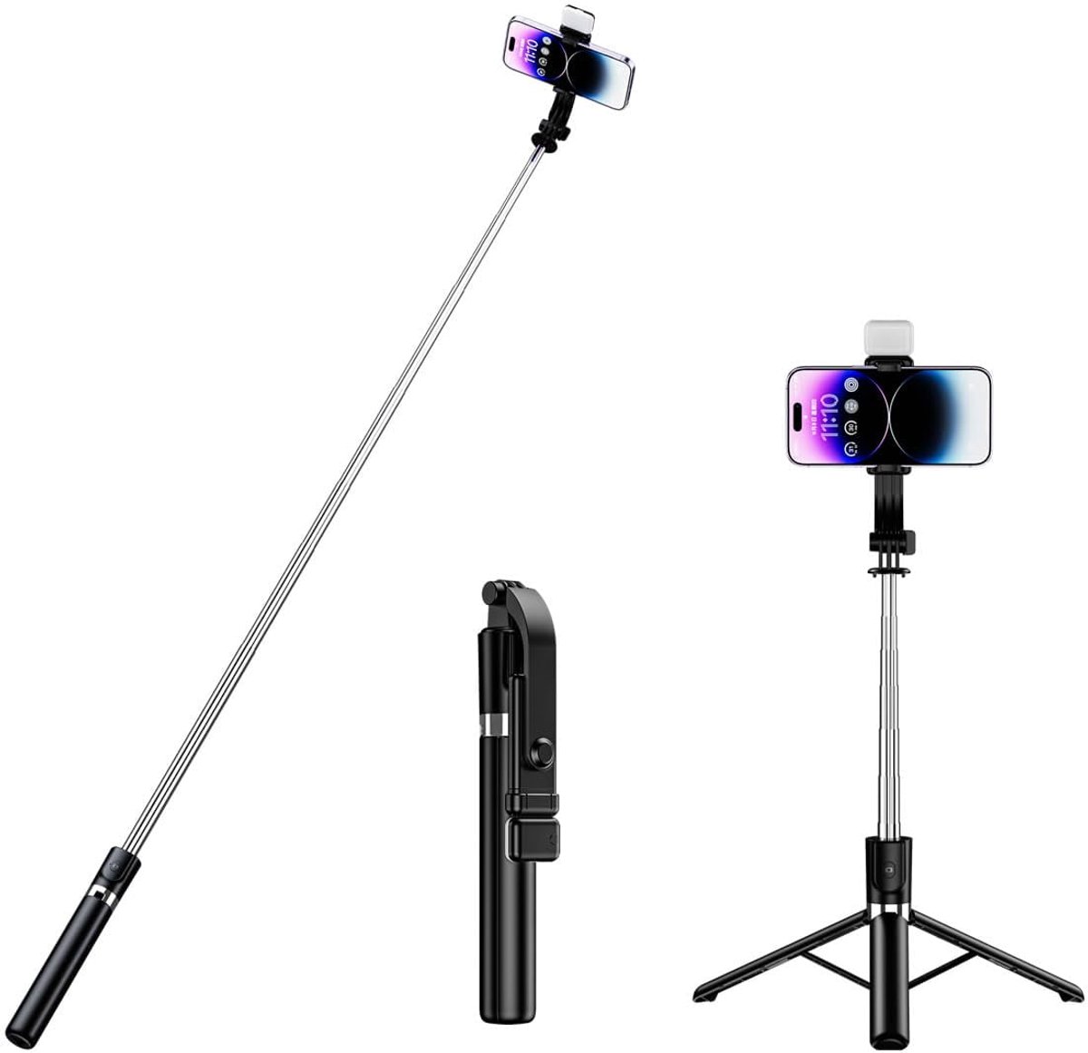 Selfiestick, uitschuifbaar reisstatief met afneembare afstandsbediening, Geschikt voor fotografie en selfies, compatibel met alle mobiele telefoons, zwart.