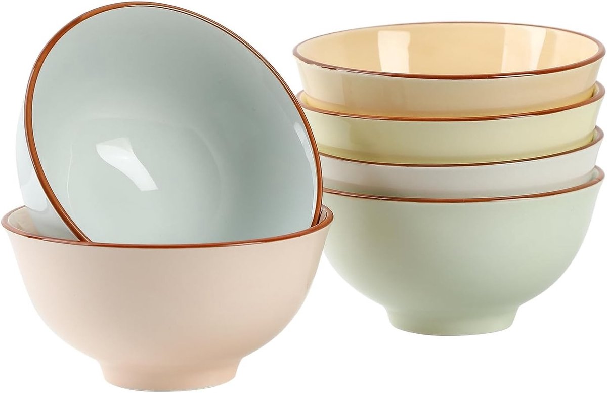 Set van 6 Kleurige Keramische Kommen - Ideaal voor Soep, Salades, Oatmeal en Ramen - Magnetron- en Vaatwasserbestendig