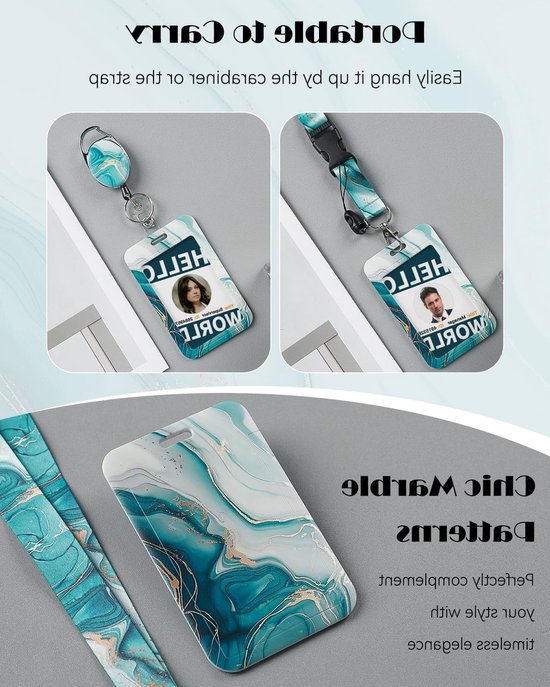 Marmeren Badgehouder met Retractable Reel en Afneembare Lanyard voor Kantoorwerkers - Verticale Kaartbeschermer in Cyan Marmerpatroon van Merkloos — afbeelding 4