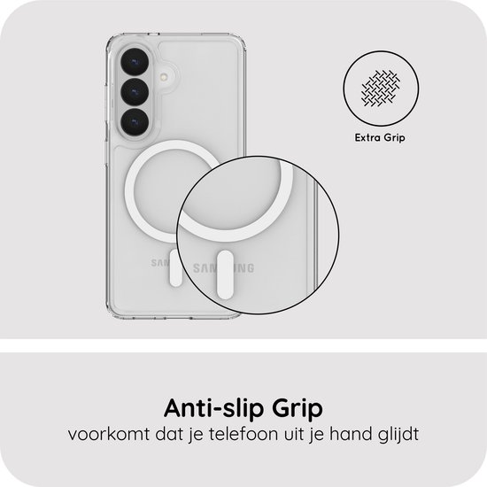 Transparante telefoonhoes met magnetische ring en extra grip textuur.