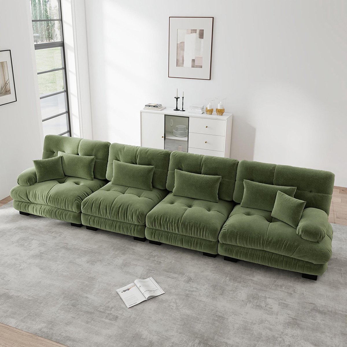 Komhtom Modulaire hoekbank voor 4 personen met diepe zitting, comfortabele en goed gevulde slaapbank van chenille voor de woonkamer, appartement, studio of kantoor, groen chenille