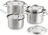 BK Q-linova Pannenset 4-delig - 16/18/20 cm - 1.8/2.5/3.5L - Zonder PFAS-vrije antikleeflaag - Pannenset inductie - RVS pannenset - Ovenbestendig tot 220°C - Met deksel - Zilver