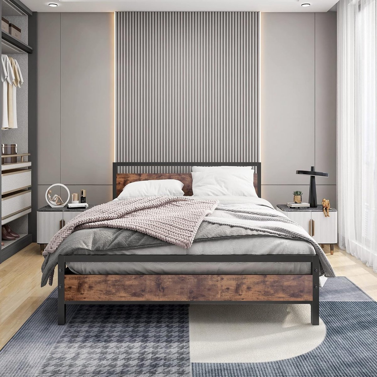 Vintage Industrieel Tweepersoonsbed met Rustiek MDF Hoofdbord – 140 x 200 cm – Robuust Metalen Frame – Hoge Belastbaarheid & Geluidsarm