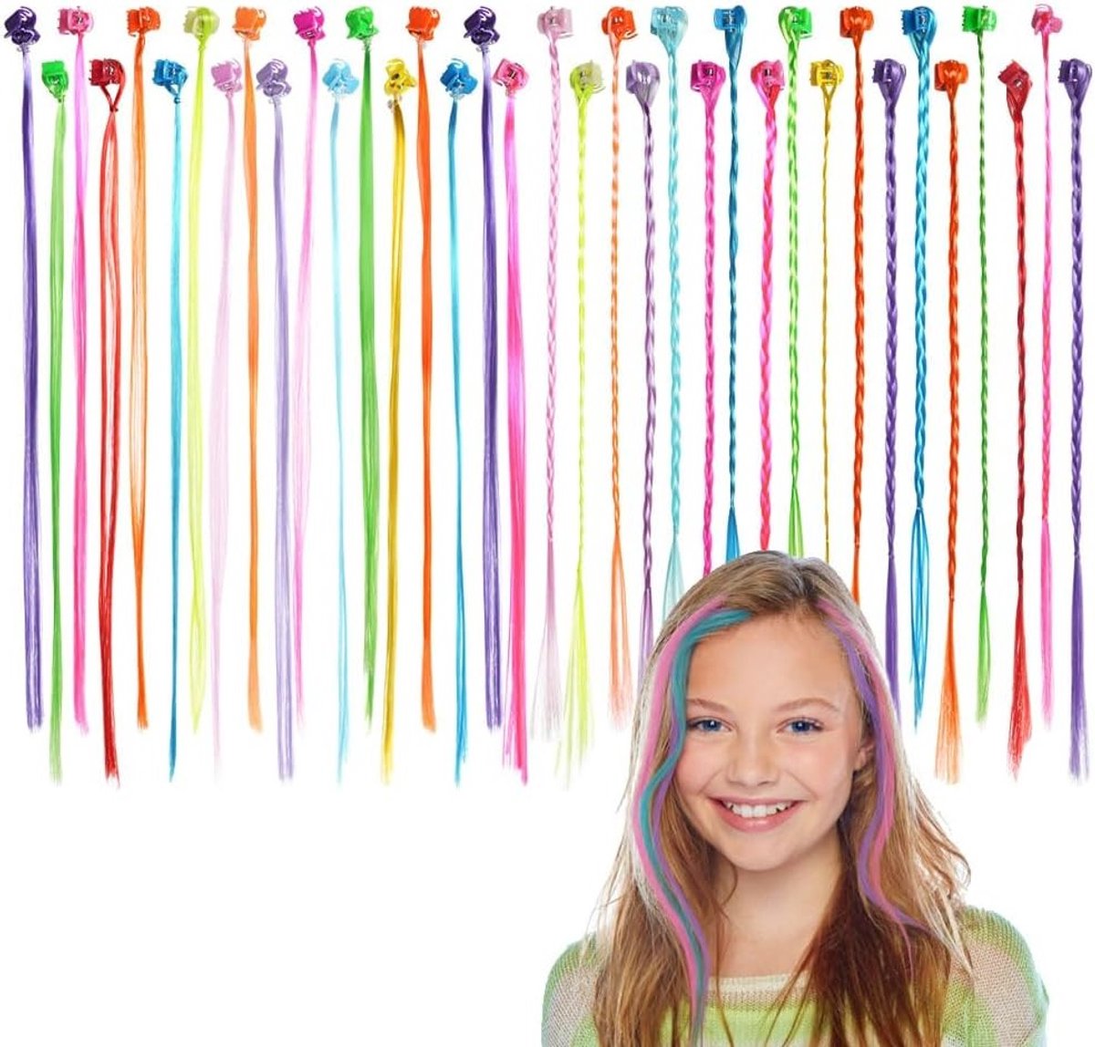 36-delige Haarextensions voor Kinderen - Regenboog Vlecht Haaraccessoires met Clips voor Feestjes en Shows
