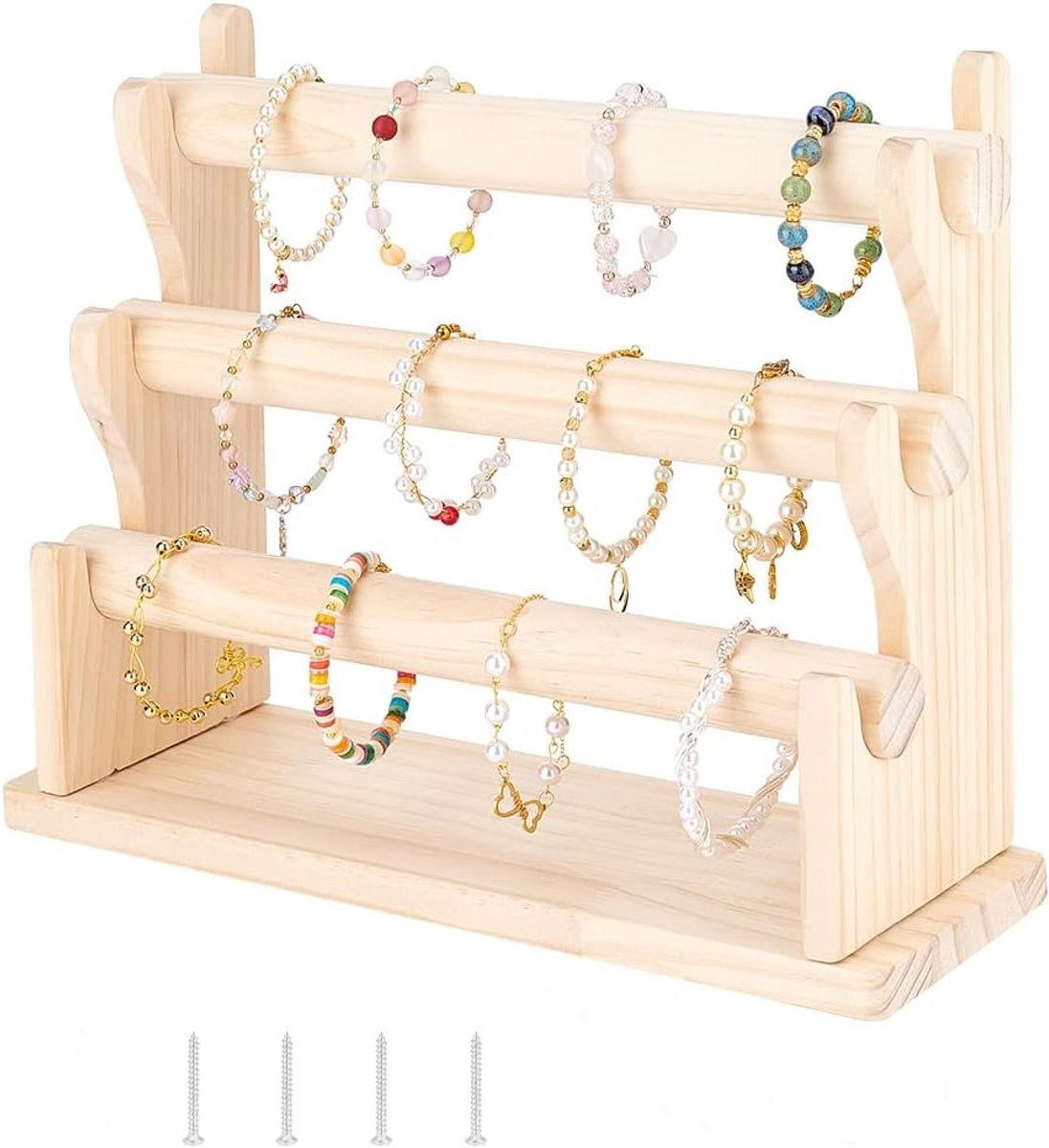 Houten 3-laags afneembare armbandhouder en organizer voor armbanden, horloges en haarbanden