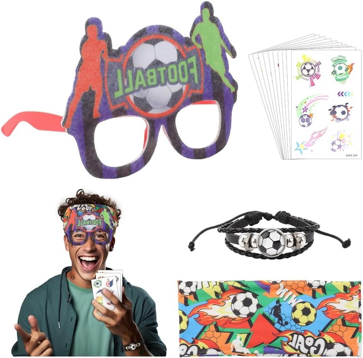 Voetbalfanartikelset 2026, uniseks matchday fanaccessoires met hoofdband, plezierbril, armband en decoratieve stickers voor stadion, public viewing en fanzone