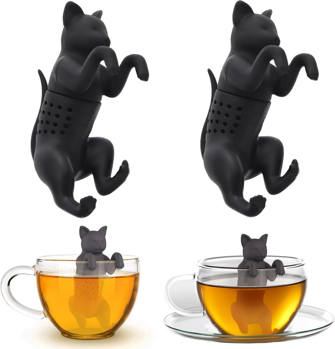 Siliconen Thee Infuser Set van 2 - Grijze Kat, Geschikt voor Theepotten en Theekoppen, Vaatwasserbestendig en Veilig in Gebruik