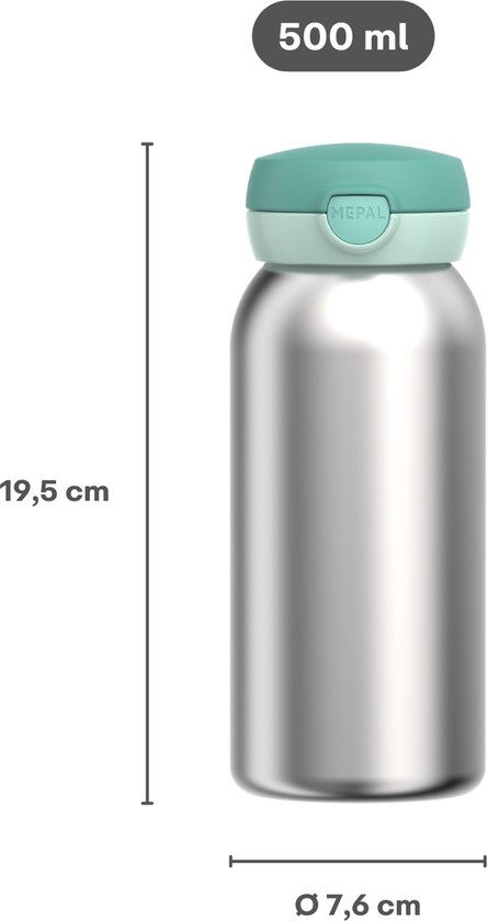 Zilverkleurige Mepal drinkfles van 500ml met turquoise dop. Hoogte 19,5 cm, diameter 7,6 cm.