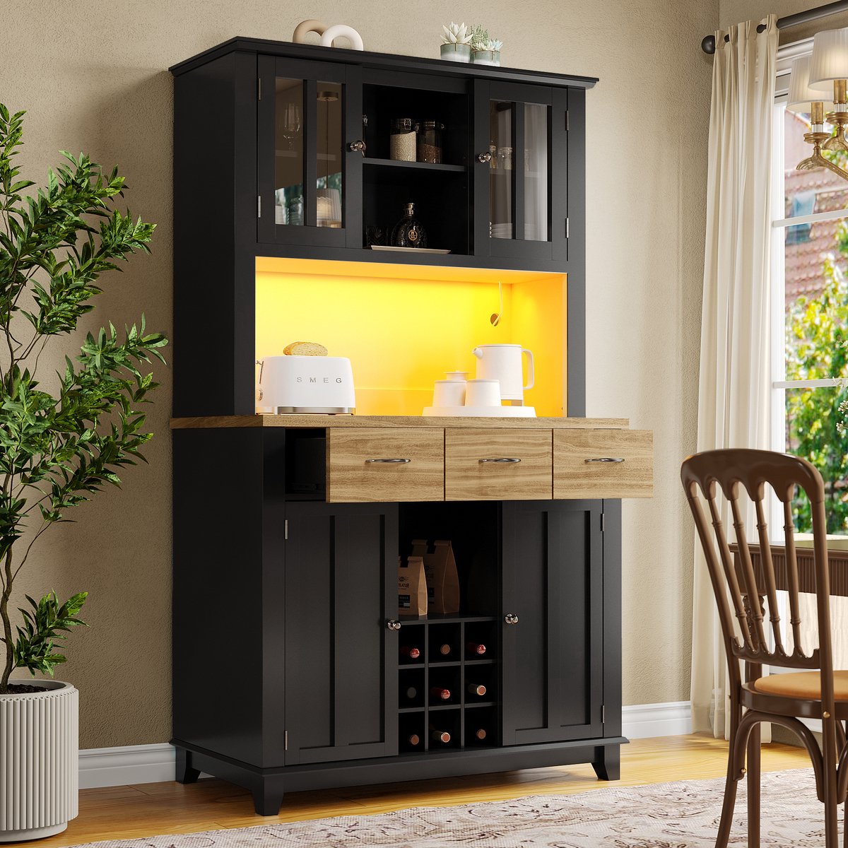 BLACKCOLORS Keukenkast, 106 x 40 x 179,5, hoge keukenkast, vitrinekast, buffetkast met verstelbare planken, dressoir met ledverlichting, buffetkast (houtkleurige lades)