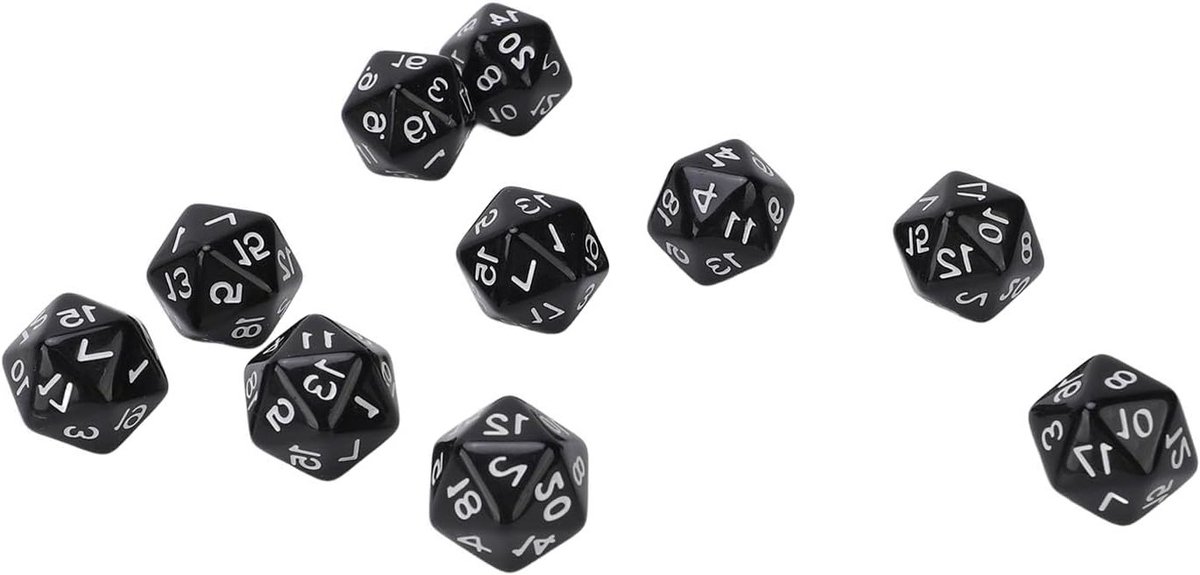 10 Stuks Lichtgewicht D20 Polyhedral Dobbelstenen Set, Sterke 20-Zijdige Dobbelstenen voor RPG Spellen en Bordspellen, Zwart