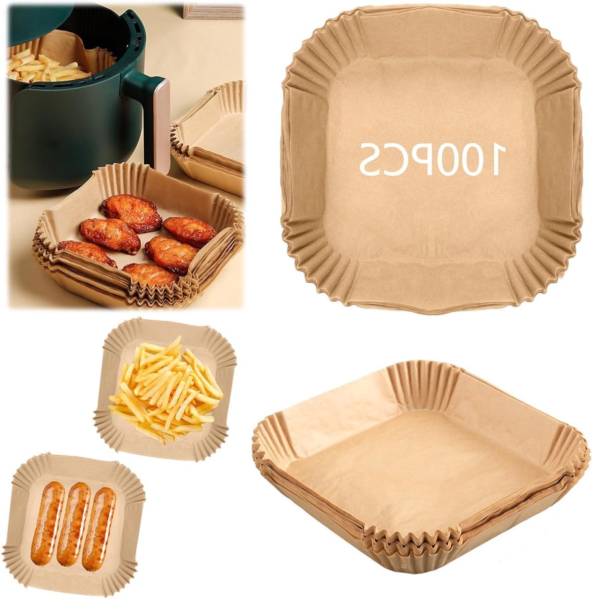 100 Stuks Wegwerp Bakpapier 18x18cm voor Airfryer, Vaatwasmachinebestendig, Antiaanbaklaag, Ideaal voor Bakken en Roosteren