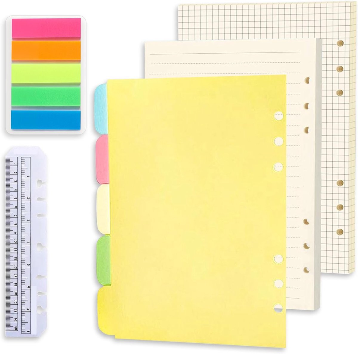 2 Pack A5 Navullingen voor Notitieboek, 120 Vellen Gelinieerd Papier met Index Tabs en Scheidingsbladen voor 6-Rings Planner