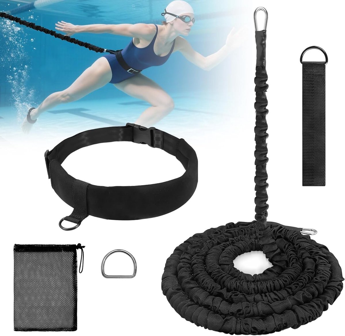 Verstelbare zwemweerstandsband, elastische band voor zwembadtraining, 2.5 m - 9 m, effectieve trainingshulp voor kinderen en volwassenen, verbeter techniek en kracht