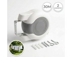 DIVERZA Waslijn 30M – Automatische en Oprolbare Drooglijn – 2 Waslijnen 15 meter – Wasrek – Droogrek – Binnen en Buiten – Wit