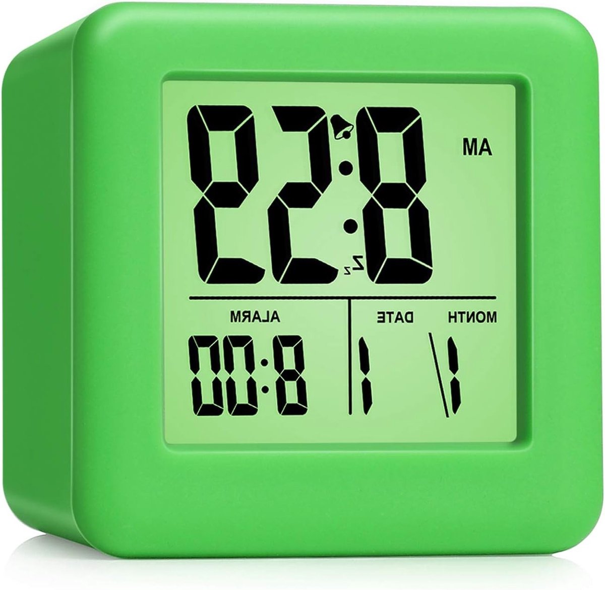 Digitale Wekkerradio voor Kinderen met Snooze en Nachtlampje - Eenvoudig in te Stellen Silicone Klok met Tijd en Datum - Harde Alarmgeluid voor Slaapkamer - Batterijgevoed (Groen)