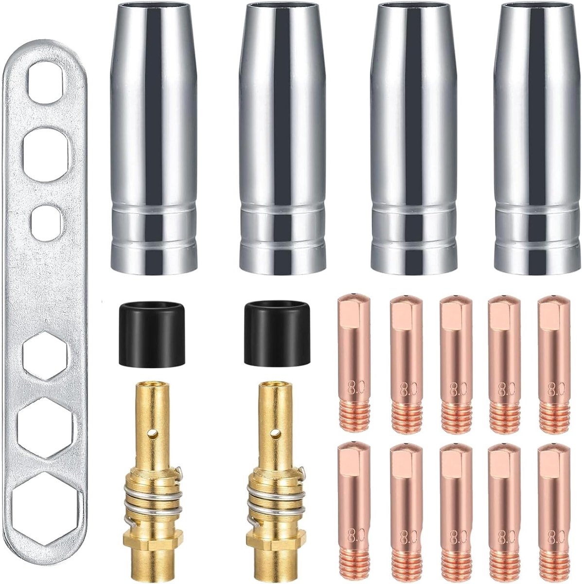 MIG Lasaccessoires met 19-delige set, Lasdraad Contactgasmondstuk en M6 Draadgeleider 0.8mm