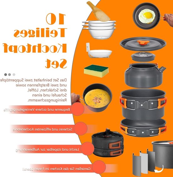 Complete Kookset voor Kamperen - 10-delige Pannenset voor 2-4 Personen, Inclusief Kookgerei en Theepot voor Hiking, Picknick en BBQ — afbeelding 3