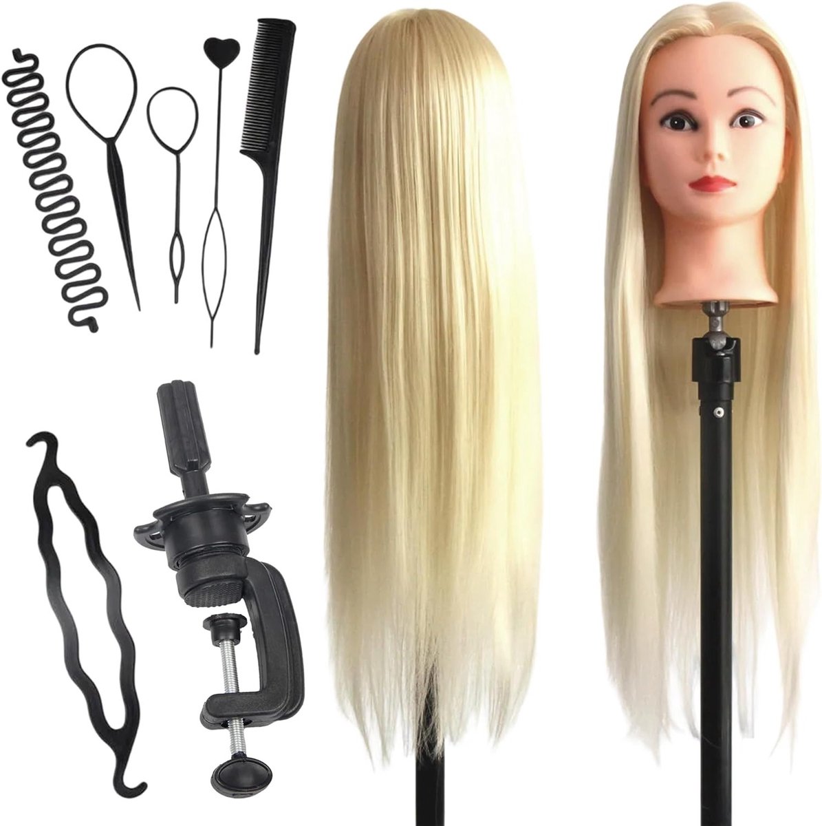 Professionele Haarstyling Hoofd voor Oefening, Make-up en Kapsels - Inclusief Styling Accessoires en Houders voor Krullen en Steil Haar (Beige)