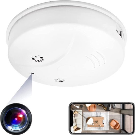 Witte rookmelder met verborgen camera, die via de telefoon beelden van een woonkamer toont.