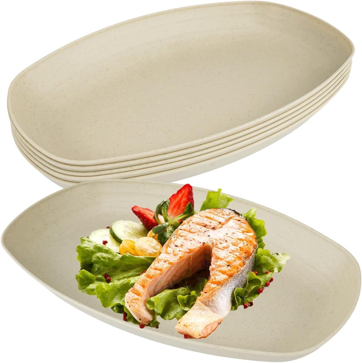 Set van 6 Herbruikbare Harde Plastic Borden 29cm Groot Schokbestendig Ovalen Borden voor Picknick, Camping en Buitenactiviteiten, Vaatwasser- en Magnetronbestendig