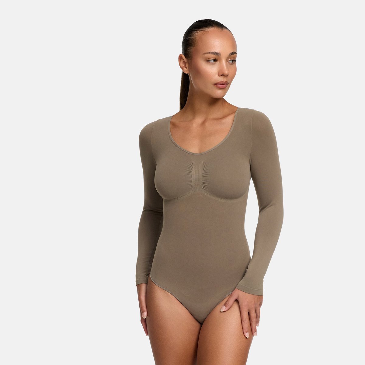 cfab Bodysuit met corrigerende werking, lange mouwen en koordje - Taupe