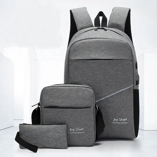 Heren-laptoprugzak, 3-delige casual multifunctionele rugzakset met USB-oplaadpoort, Zakelijke tas, schooltas, voor school, sport, werk en reizen, Grijs