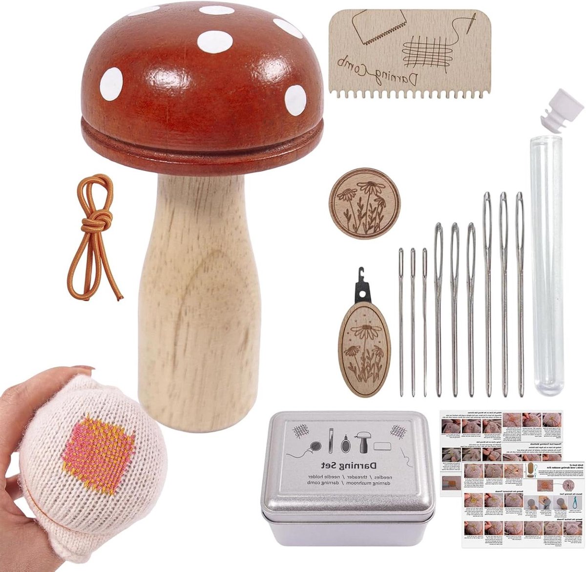 Breilap Houten Paddenstoel - Stop Gereedschap - Kleding Repareren - Beginner Vriendelijk Ontwerp - Compacte Blikken Doos - Rood