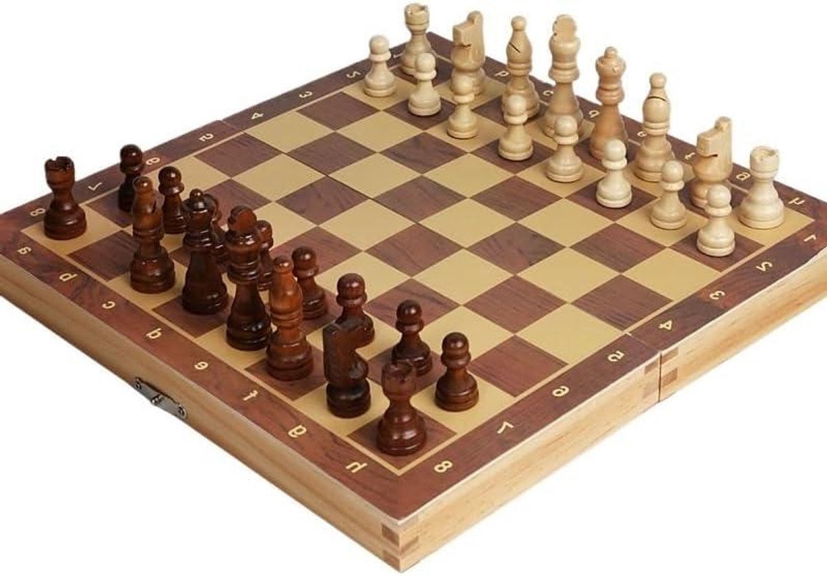 Houten Spelset - Schaakbord Dammen Backgammon - Familie Spelletjesavond - 3-in-1 Opvouwbaar - 39 x 39 cm - Houtkleur