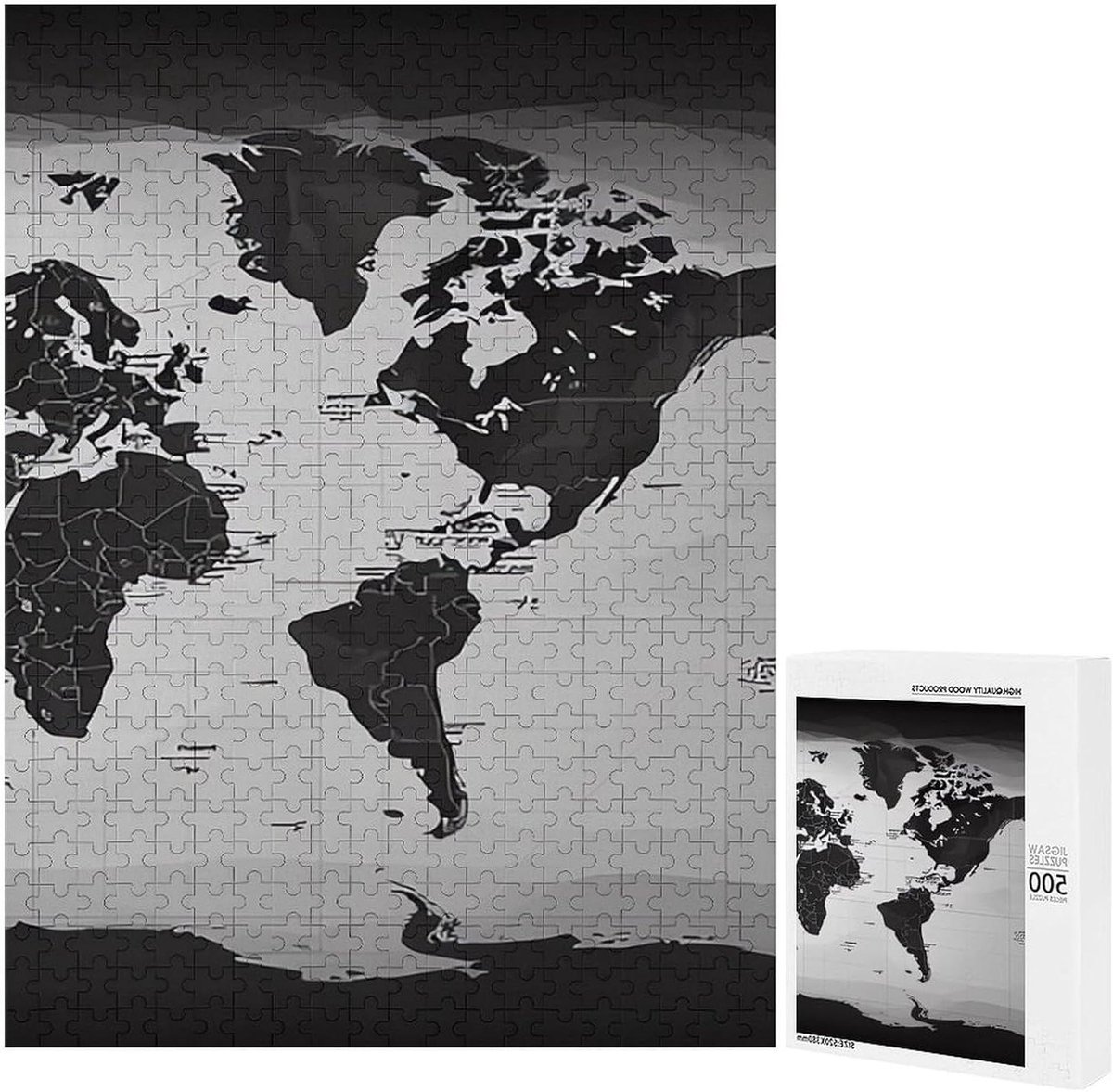 Houten Wereldkaart Puzzel - Legpuzzel Volwassenen - Ontspanning Thuis - Unieke Vormen - 500 Stukjes - Zwart Wit