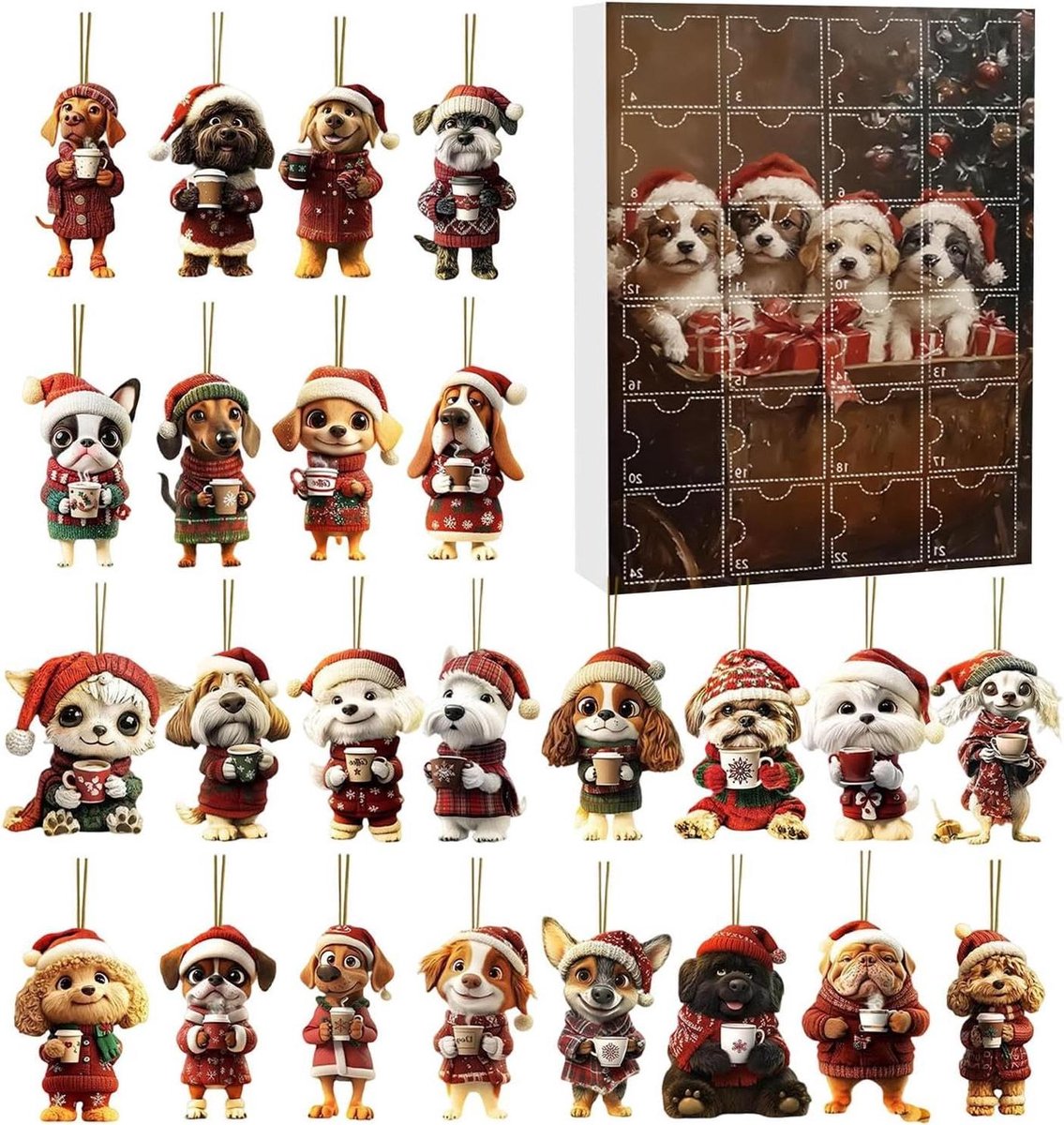 Aftelkalender Hangers - Kerst Kalender - Feestelijke Decoratie - 24 Dagen Verrassingen - 26 x 18 x 3 cm - Multicolor