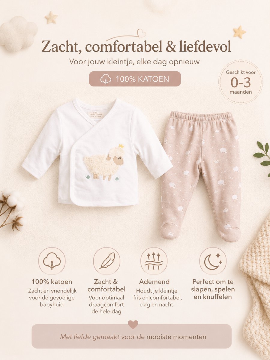 Blijeitje - Luxe 8-delige babycadeauset Beige – Kraamcadeau Unisex - Babyshower & Gender Reveal Cadeau Giftset – Tutpop ollie, Konijn Rammelaar, Babymutsje, Shirtje, Broekje, Slabbetje & Slofjes - Neutraal Schaap Design – foto 5