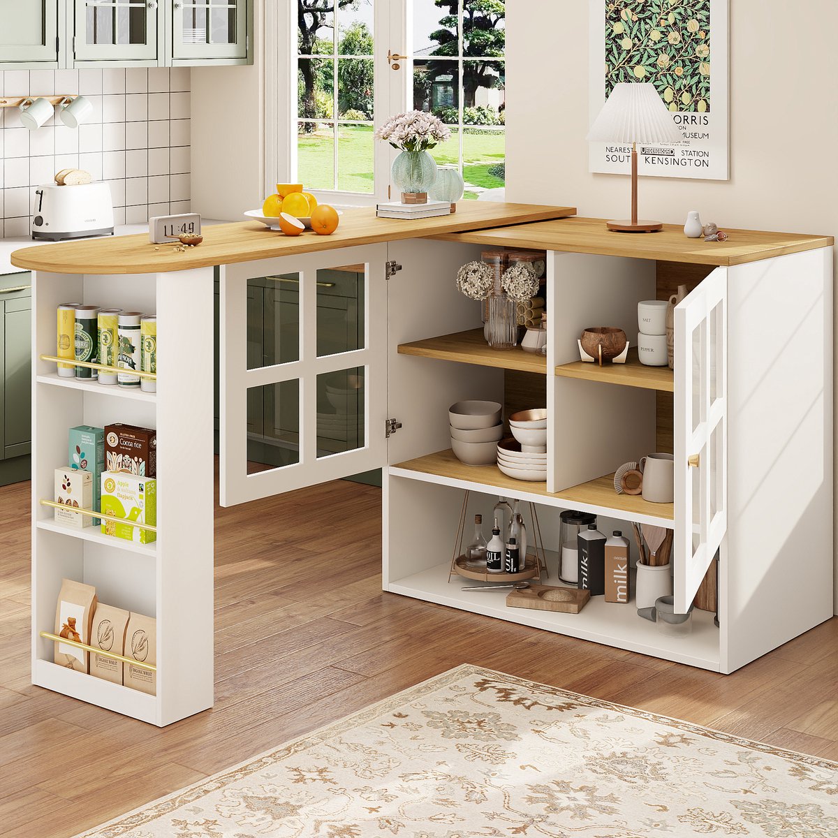 MODENUIT Bartafel - Draaibaar En Uitschuifbaar Met Kast - Voor Woonkamer En Eethoek - MDF Wit - 138-204x39x102,5 Cm
