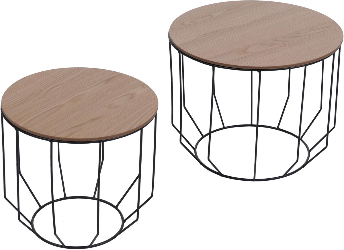 MCA 2-delige set salontafel MCW-P58, bijzettafel koffietafel loungetafel, industrieel metaal hout eiken