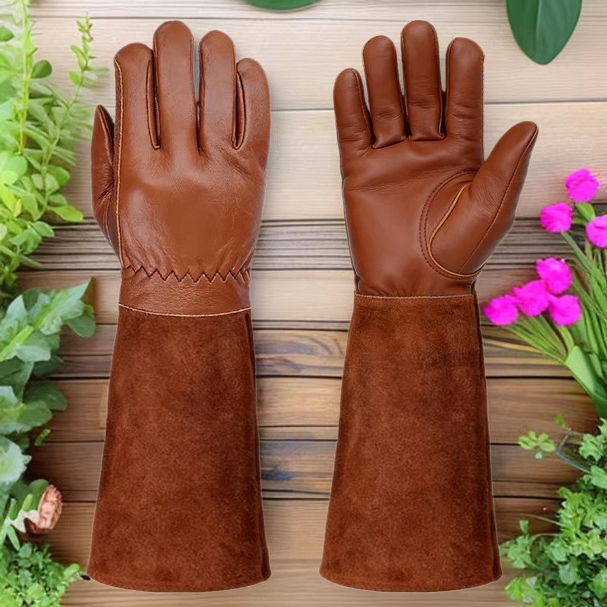 Unisex tuinhandschoenen(XL), lange tuinhandschoenen, lange handschoenen van rundleer, bescherming tegen rozendoorns, onderarmbescherming, bruin.