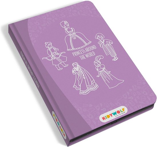 Couverture violette avec des dessins de princesses blancs et le logo Kidywolf.