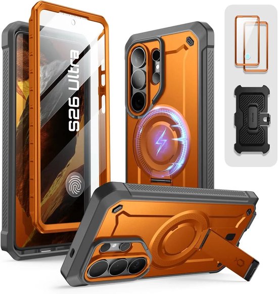 Samsung Galaxy S26 Ultra hoesje oranje Supcase MagPro siliconen met ingebouwde screenprotector, standaard, riemclip, MagSafe geschikt