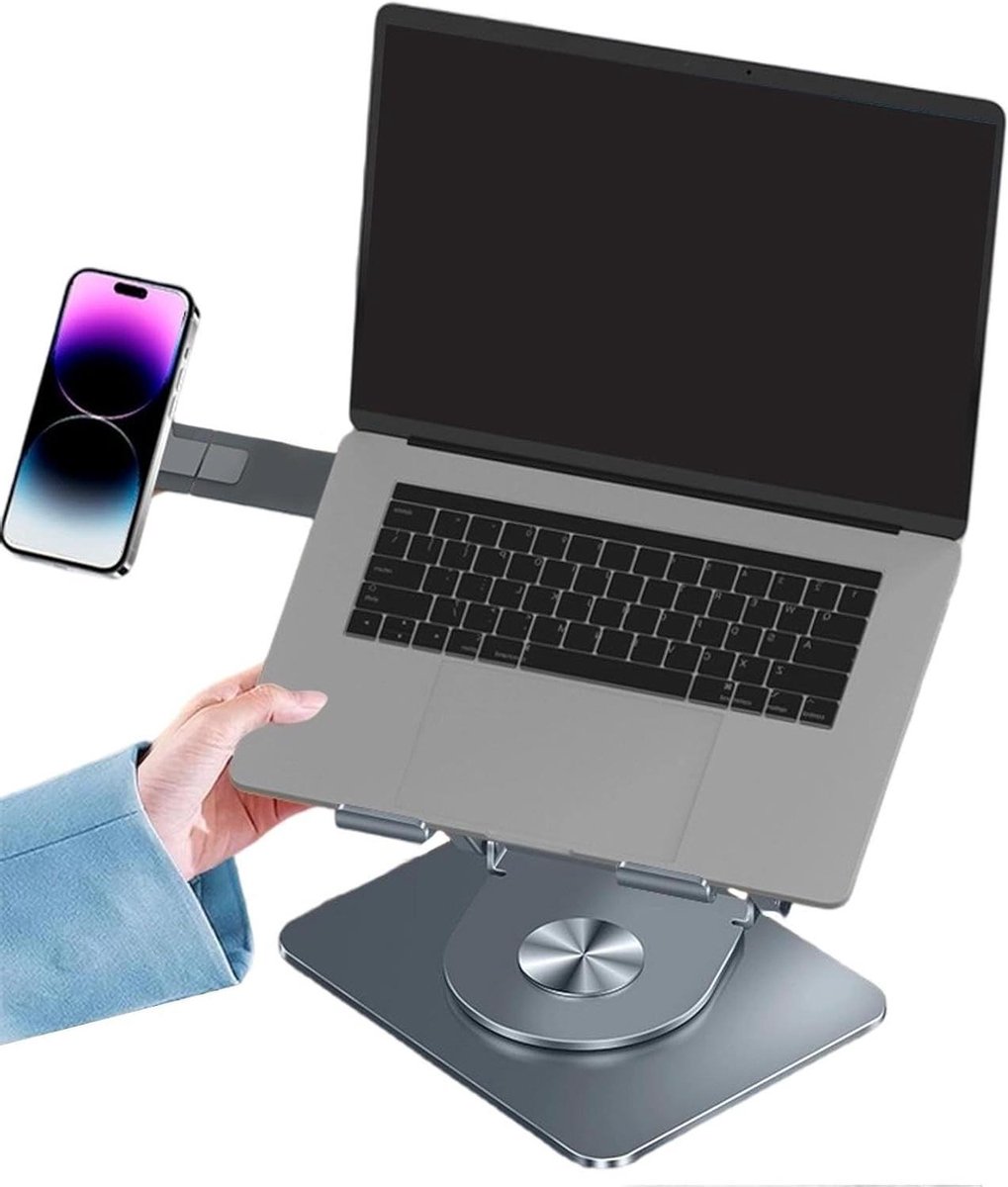 Laptop standaard - Bureau houder - Ergonomisch werken - Met telefoonhouder - 43 cm breed - Zwart