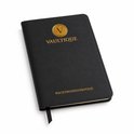 Zwart wachtwoordenboekje met gouden 'V' logo van Vaultique en tekst 'WACHTWwoordenBOEKJE'.