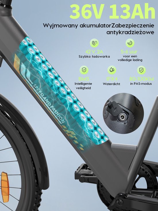 Runetic 26” Elektrische Fiets - Motor 250W - Actieradius 80km - 36V 13AH Verwijderbare Batterij - 25KM/H - Grijs — afbeelding 3