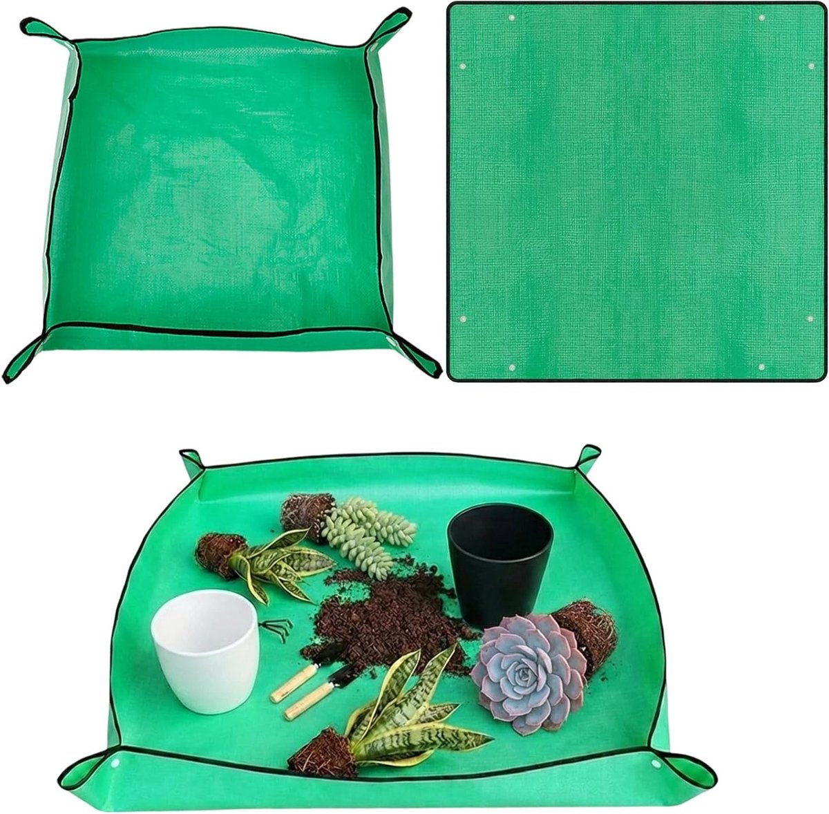 Set van 2 plantpotten en waterdichte transplantatiematten van 100x100cm voor bloemen en tuinieren, ideaal voor binnen- en buitentuinen, potgrond en plantenverzorging