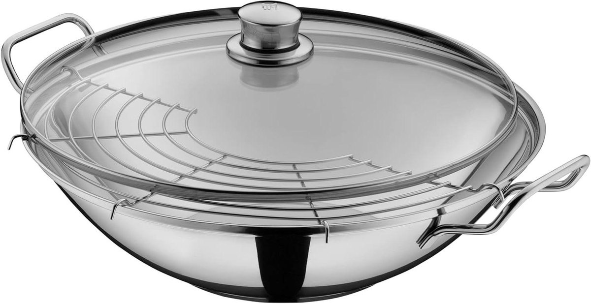 Wok Set - Roerbakpan met deksel - Aziatisch Koken - TransTherm Universele Bodem - 36 cm - Zilver