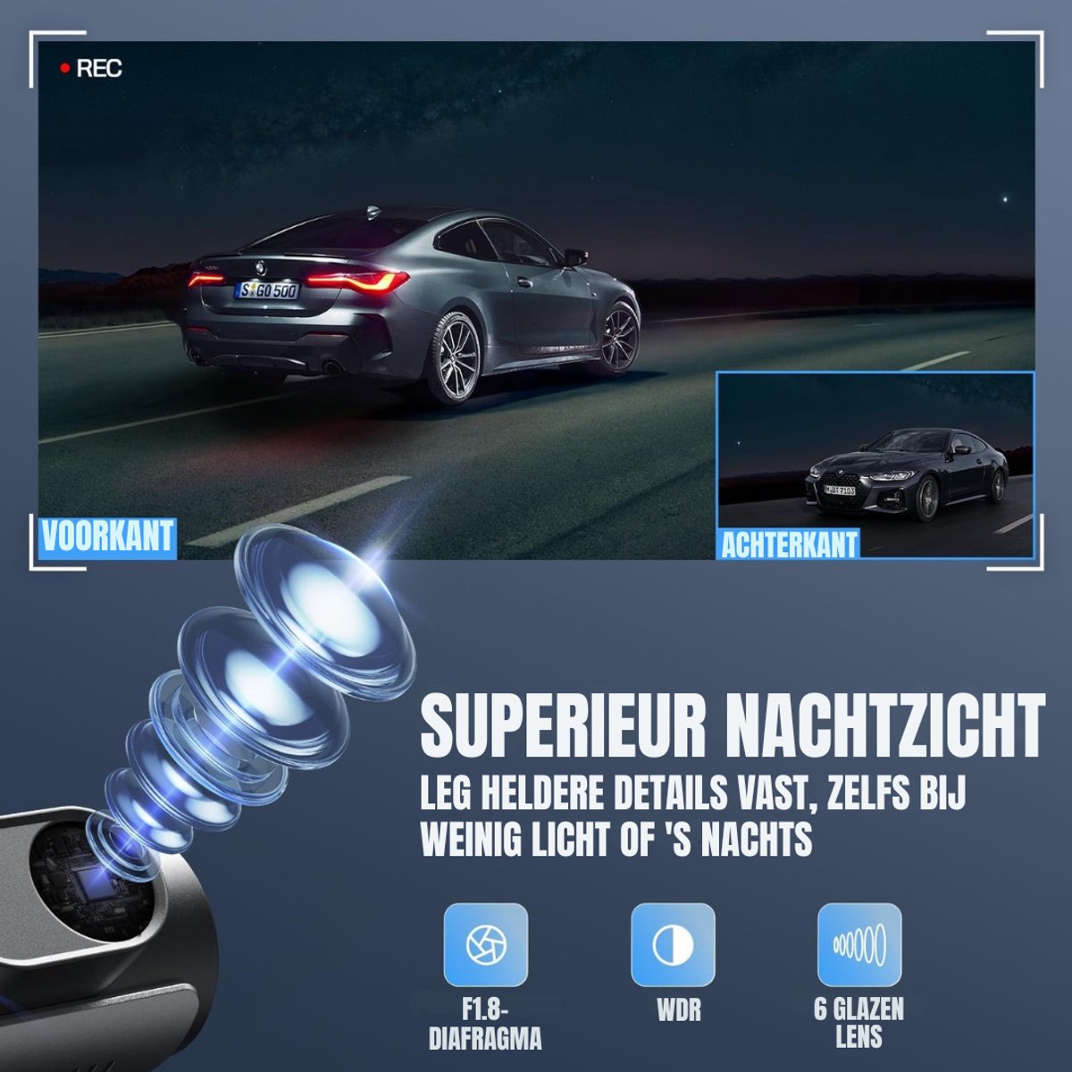TIM® Dashcam voor Auto Voor en Achter - Dashcam - Zwart - 8cm x 4cm x 5cm – foto 4