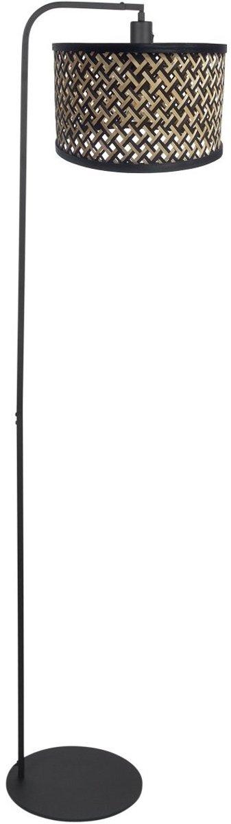 Vloerlamp Stang 4789ZW van Steinhauer met zwarte metalen voet en gevlochten bamboe kap, hoogte 152 cm, diameter kap 30 cm, kantelbare fitting, modern design voor binnengebruik