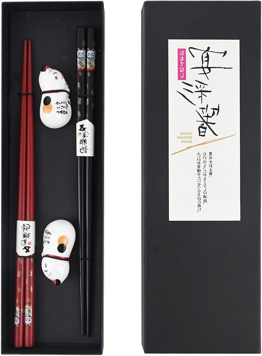 Set van 2 Houten Sushi-Eetstokjes met Kat en Panda Motief, Vaatwasserbestendig, Inclusief Keramische Onderzetter, Perfect voor Aziatische Gerechten