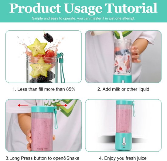 Draagbare mixer,draagbare blender,mini-mixer smoothiemaker,kleine sapcentrifuge,smoothiemaker, draadloos, USB-sapcentrifuge voor sportschool, kantoor, camping, 450 ml — afbeelding 4