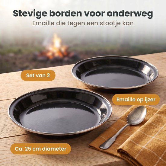 Cheqo® Campingborden Set van 2 - Emaille Borden - Camping Servies - Campingbord - Outdoor Borden - Emaille Servies - Metalen Borden voor Kamperen en Picknicken - Dinerborden - Zwarte Borden - Geëmailleerde Borden - Kampeerservies — afbeelding 2