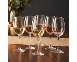 Cheqo® Wijnglazen Set van 6 Stuks - Witte Wijn Glazen op Voet - Rode Wijn Glazen - Kristalglas - Vaatwasserbestendig - Luxe Wijnglazen - Drinkglazen - Loodvrij Glas - Helder Transparant Glas - Feestglazen - Tafelglazen - Glazenset