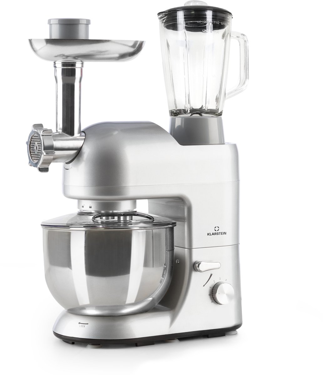 Klarstein Blender Knetmaschine keukenmachine met Fleischwolf, 2000W Teigmaschine klein, 6 standen, Schneebesen - & Knethaken, planetair , roermachine met Mixer, keukenmachines met 5L kom - 1800W 5,2L - voor Keuken - RVS - Standmixer